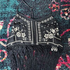 Hollister Navy Top with White Embroidery & Fringe